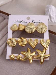 2-12-24件装新款时尚轻盈海星、贝壳、海螺多元素耳环，适合夏季旅行、海滩度假和日常佩戴 - 金色 - 查看 8