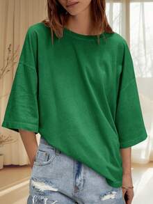 Women's Summer Oversized Half Sleeve Tunic Tees, Crew Neck Loose Fit Boxy Basic Casual Daily Tops - màu xanh lá - Xem 2