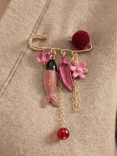 1pc Whimsical Colorful Tropical Fish & Floral Tassel Pendant Brooch, Multifunctional Waist Cincher Clip, Versatile Chic Bag Charm, Thoughtful Gift For Her