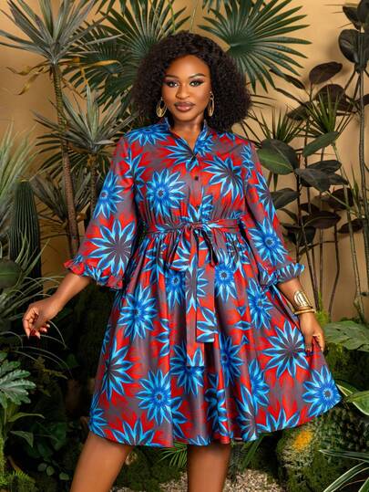 Faeriesty Plus Size Elegant High Neck Flare Sleeve Ditsy Floral Midi Dress With Belt And Flowing Hem, Suitable For Wedding Guest, Bridal Party, Engagement Party, Formal Dinner, Professional Photography And Other Occasions