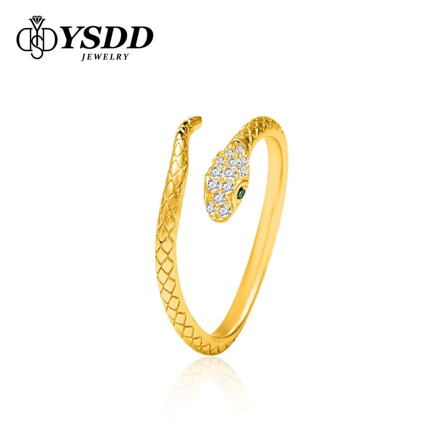 1pc Fashion Cubic Zirconia Snake Gold-Tone Adjustable Ring, S925 Sterling Silver Snake Design Gold Open Ring, Suitable For Daily Wear, With Certificate - Bạc - Xem 1