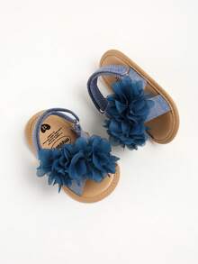 1双女婴3D雪纺花朵凉鞋，海军蓝露趾沙滩鞋，柔软防滑幼儿夏季鞋 - 寶藍色 - 查看 9