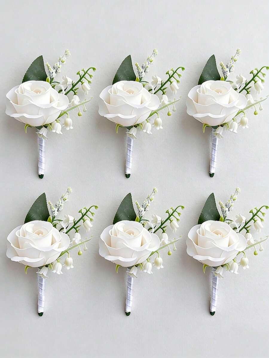 6 bông hoa cài áo chú rể/bạn trai/phù rể, phụ kiện cưới, hoa hồng lụa trắng, ghim cài áo nhân tạo. - trắng - Xem 1
