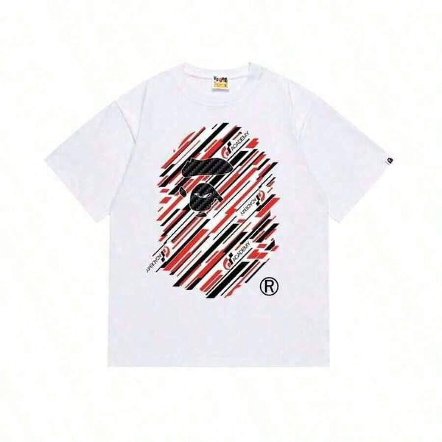 Printed T-Shirt Cotton Plus Size Men's Clothing, Graphic Hoodies Cotton-Shirt Ape In Black And Red Lines Percent Cotton Graphic Shirts Ropa De Hombre Y2k Streetwear Graphic Tees Men Graphic-Shirt, Couples Matching Outfits, APE Classic Short Sleeve Streetwear, Percent Cotton Tees Men And Women, Couple Half Sleeve Short-Shirt Y2K,Oversize Plus Size Men's S To 5XL,Summer Tee ,Y2K,Oversized Shirt Men S-5XL,Summer Tops - 白色 - 查看 1