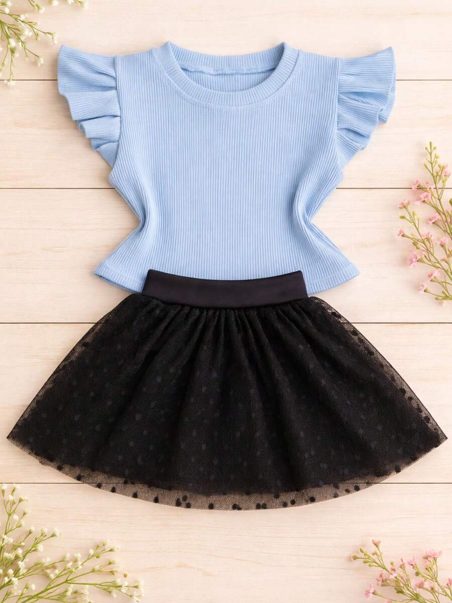 Girls' Outfit Set: Tulle Shorts Skirt With Ruffle And Cropped Top With Ruffled Frills, Pleated, Spring And Summer CJI043 - Black and Baby Blue - View 1