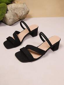 French Round Toe Chunky Heel Sandals, Women's Summer Square Toe High Heel Shoes Suitable With Dresses, Strap - Black - View 6