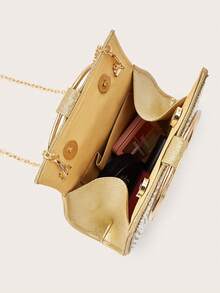 Gold Rhinestone Beaded Clutch With Metal Ring Handle - Gold - View 3