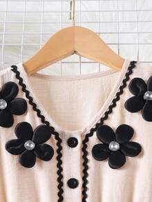 Girls' Elegant Floral Decor Wavy Stripe Casual Dress, Suitable For Daily Wear In Summer - Apricot - View 4