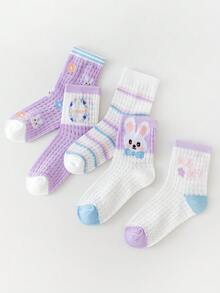 5 Pairs Girls' Breathable Thin Mesh Socks, Cute Cartoon Purple Children's Socks, Spring/Summer - Multicolor - View 2