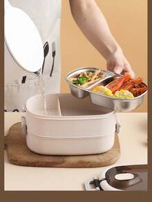 1pc 304 Stainless Steel Extra Long Insulated Bento Lunch Box, 3-Layer Double-Deck, Portable & Detachable, Easy To Clean - Beige - View 6