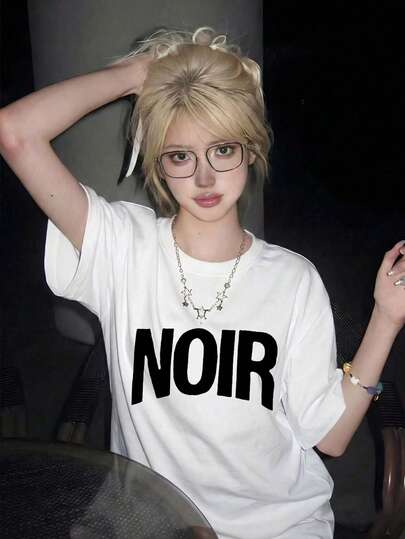 Women's Casual Round Neck Loose Fit Letter & Cartoon Print Short Sleeve T-Shirt, Japanese Style, Spring/Summer White