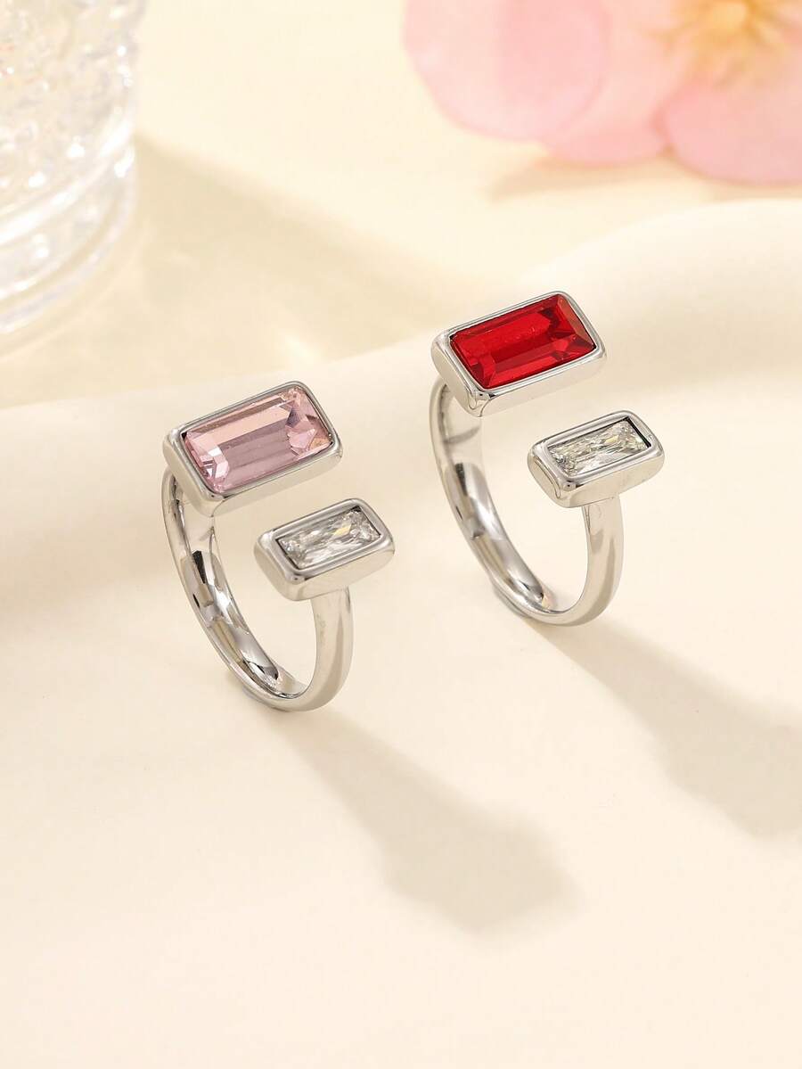 2 piezas Juego de anillos abiertos minimalistas de acero inoxidable plateado, incrustados con diamante de imitación rosas, rojos y blancos, adecuados para uso diario de mujeres o como regalo - Plateado - Ver 1