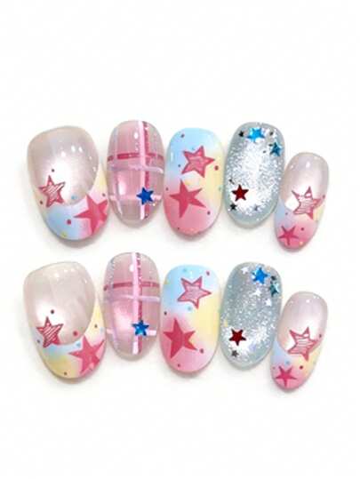 10pcs It's Named Pink Blue Star . This Manicure Showcases A Seamless Blend Of Blush Pink And Sky Blue, Paired With Playful Star And Plaid Details. The Soft, Glossy Finish And Whimsical Patterns Create A Chic, Versatile Look-Ideal For Casual Outings, Festivals, Or Any Day You Want To Feel Fun And Confident
