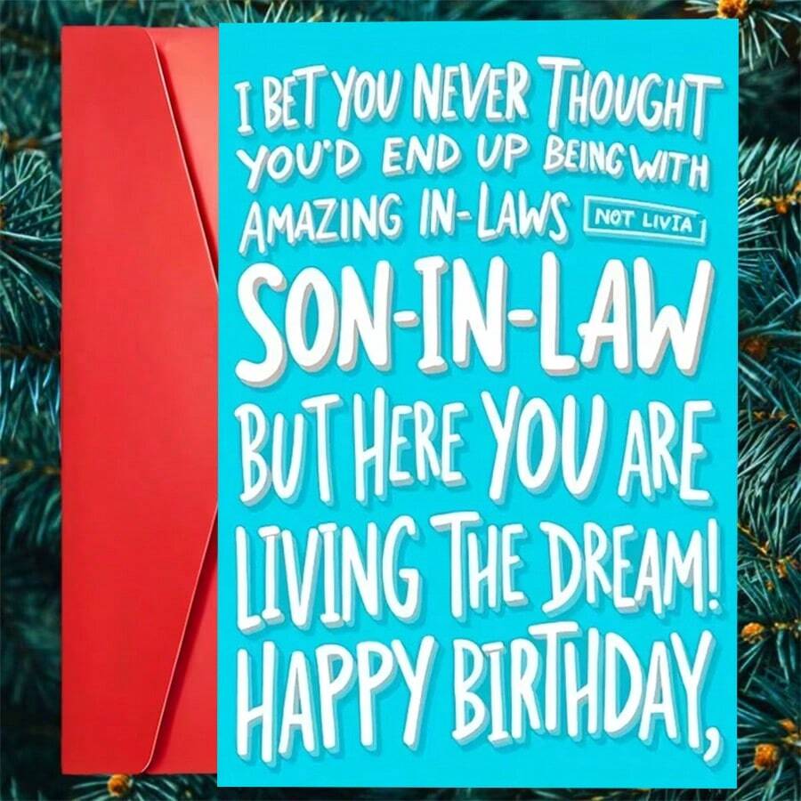 1张趣味“了不起的岳父岳母”女婿生日贺卡，附粉色信封，醒目的字体设计，岳父岳母送给女婿的完美生日贺卡 - 查看 1