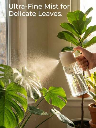 1个极简纳米植物喷雾瓶，适用于室内热带植物，为热带龟背竹和蕨类植物提供超温和的保湿，极简透明设计与家居装饰相得益彰，符合人体工学的单手操作扳机，专业级喷雾促进植物健康生长