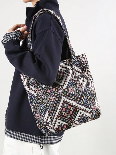 复古几何大容量单肩手提包，男女通用设计，适合休闲、购物、旅行、度假、通勤、送礼、节日等场合，轻便宽敞，满足各种穿搭和使用需求。