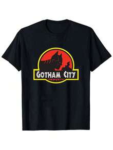 Bat Man's Casual Letter & Bat Print Short Sleeve T-Shirt, Summer Street Wear Men T Shirts Graphic Tees Street Wear 100% Cotton Gift For Batmans Fans - 黑色4 - 查看 1