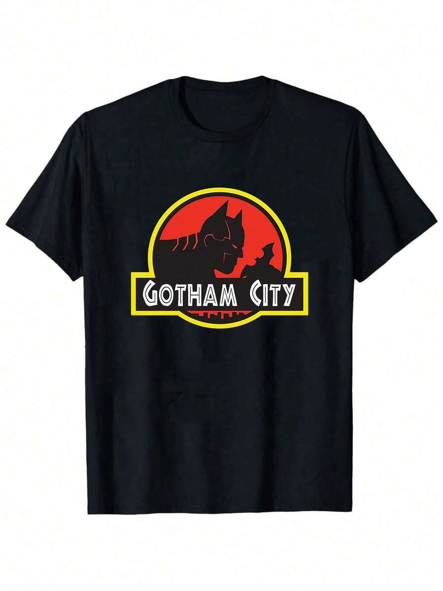 Bat Man's Casual Letter & Bat Print Short Sleeve T-Shirt, Summer Street Wear Men T Shirts Graphic Tees Street Wear 100% Cotton Gift For Batmans Fans - 黑色4 - 查看 1