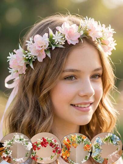 1 pieza Accesorio para el cabello con corona de flores, accesorios para el cabello de niños, disfraz de elfo, decoración de banquete y fiesta, vestido de novia, hada, elfo, decoración de viaje de primavera, adecuado para fiestas y uso diario, adecuado para adolescentes, regalo para niños, props para fotos