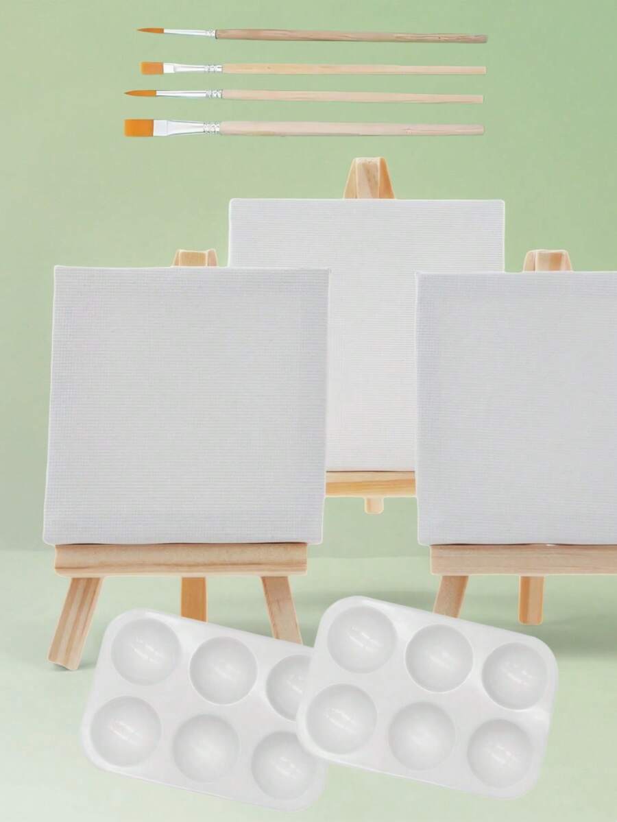 Mini Art Oil Painting Frame And Brush Set, 7-Piece Set, Including 1 Palette, 4 Brushes, 1 Easel, 1 Frame, Suitable For Art Students, Portable Palette And Brush Set - Sets - View 1