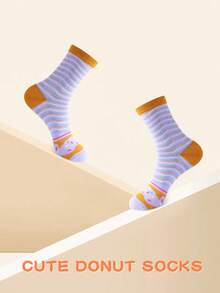 1 Pair New Interesting Multi-Color Donut Mid-Calf Socks Gift Box, Spring/Summer Unisex Sports Socks, Imaginative Food-Inspired Creative Design, Knitted Fabric, Long & Thick Soft & Comfortable, Perfect Gift For Birthday, Valentine's Day, Easter, Festival, Carnival, Dates, Parties, Holidays, Unique Fashion Quirky Abstract Daily Casual Wear Socks, Popular Food-Themed Outfit, Suitable For All Seasons, Great Gift For Couples, Friends, Vacation, Outdoor Sports, Gym, Home, Office, Etc. - Purple - View 4