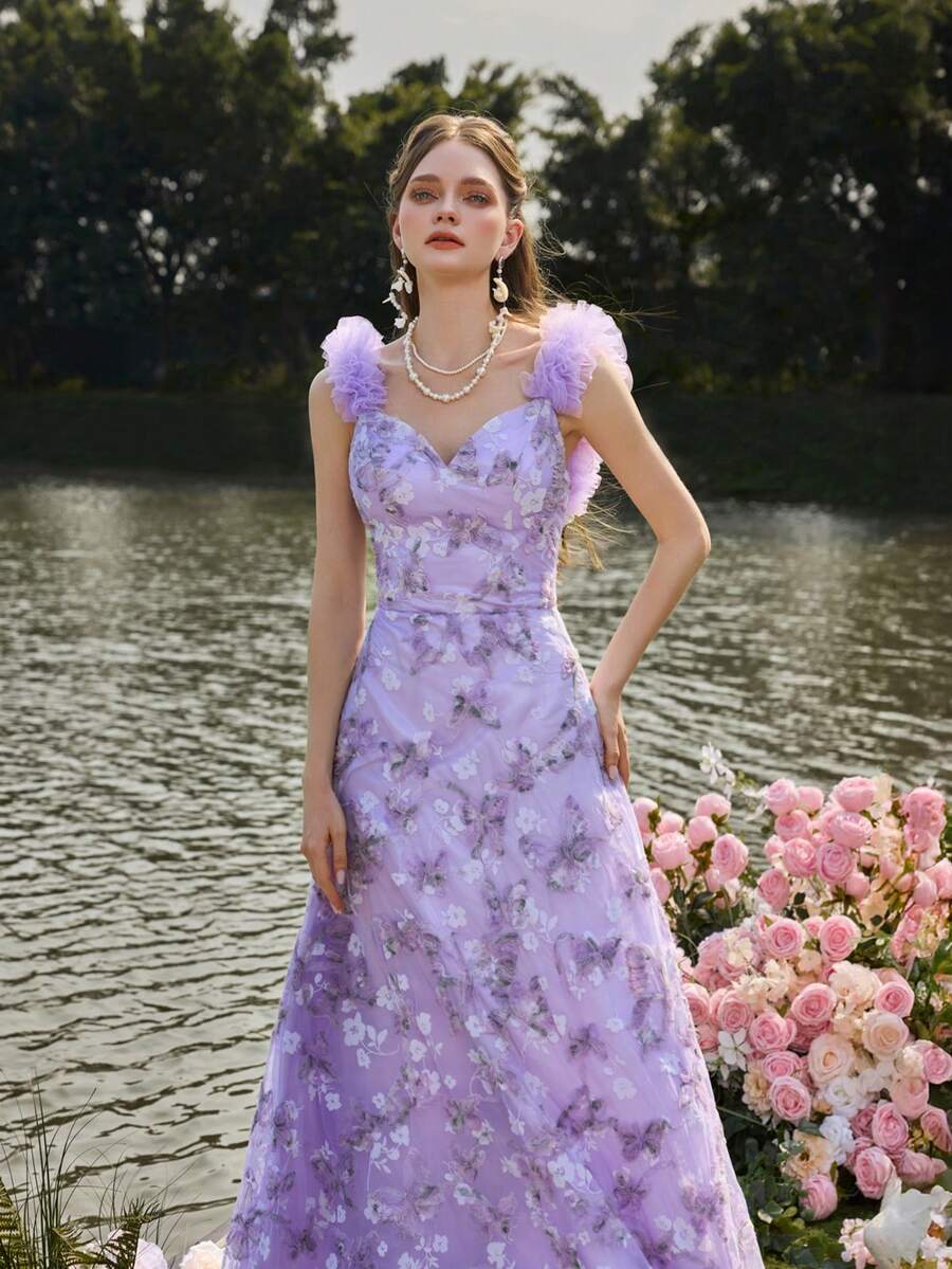 Faeriesty Elegant Layered Ruffle Sleeve Mesh Evening Gown, Velvet Embroidered Pattern - Backless Design Suitable For Met Gala, Bridal Party, Formal Dinner Wedding Spring - Lilac Purple - View 1