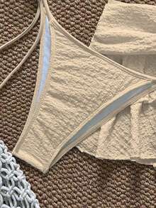3 piezas Conjunto de bikini casual de tela especial para fiesta en la playa, ropa de playa de unicolor para vacaciones de verano - Naranja - Ver 4