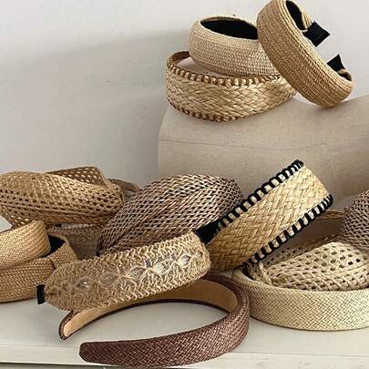 Handmade Rattan Woven Headband, Boho Style Wide Brim Straw Headband For Women, Knotted Top Hairband Diadema Hair Hoop