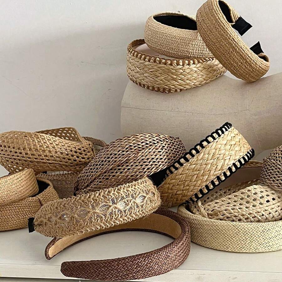 Handmade Rattan Woven Headband, Boho Style Wide Brim Straw Headband For Women, Knotted Top Hairband Diadema Hair Hoop - Multicolor - View 1