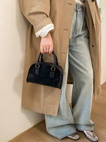 1pc Patchwork Solid Color Oil Skin PU Zipper Vintage Handbag, Suitable For Spring Daily Outing - Black - View 5