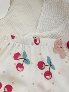 2件套幼儿女童可爱樱桃熊印花荷叶边领夏季套装 - 白色 - 查看 6