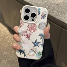1pc New Fashion Faux Pearl Embroidery Coral Pink Fish & Starfish Combination Pattern Litchi Texture Anti-Drop TPU Phone Case - Antique White - View 2