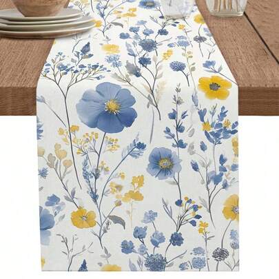 Spring Watercolor Blue Yellow Floral Leaf Table Runner Party Decor Reusable Farmhouse Kitchen Dining Table Runner Wedding Decorations