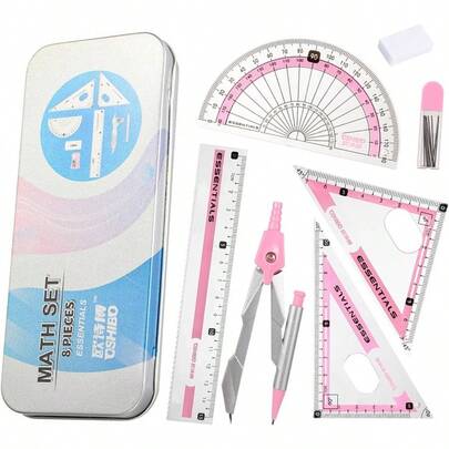 Compass Geometry Protractor And Compass Set 8 Pcs Geometry Set Drawing Compass Geometry Compass And Protractor Set Math Compass With Shatterproof Storage Box Class Supplies And School Pink