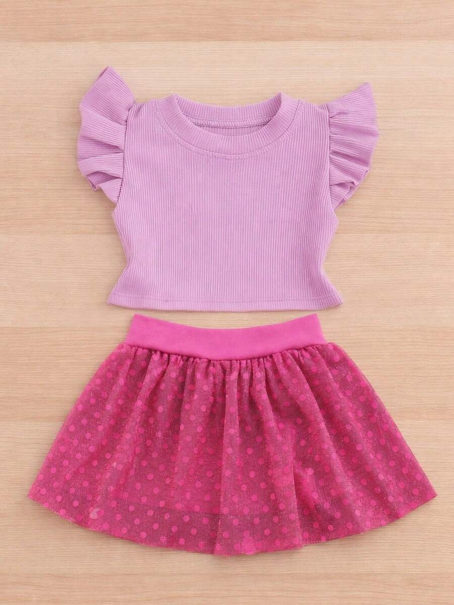 Conjunto Infantil Meninas Shorts Saia Tule com Babado e Cropped Babado Frufru Plissado Primavera e Verão CJI043 - Pink e Lilás - Visão 1