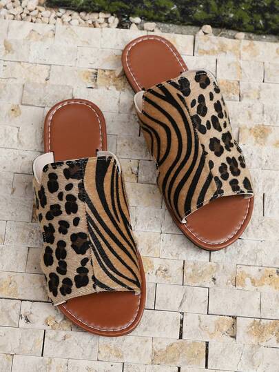 青少年新款趾环绑带装饰平底凉鞋，休闲度假风，日常通勤，假日郊游，校园穿搭，闺蜜购物，棕色豹纹和斑马纹趾环绑带平底凉鞋