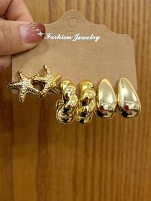 Set de 6/18 piezas de aretes retro de concha/estrella de mar/flor de cinco hojas/en forma de C/gota de agua/rueda grande de CCB dorado, adecuado para vacaciones/festivales/fiestas/bodas/uso diario - Dorado - Ver 8