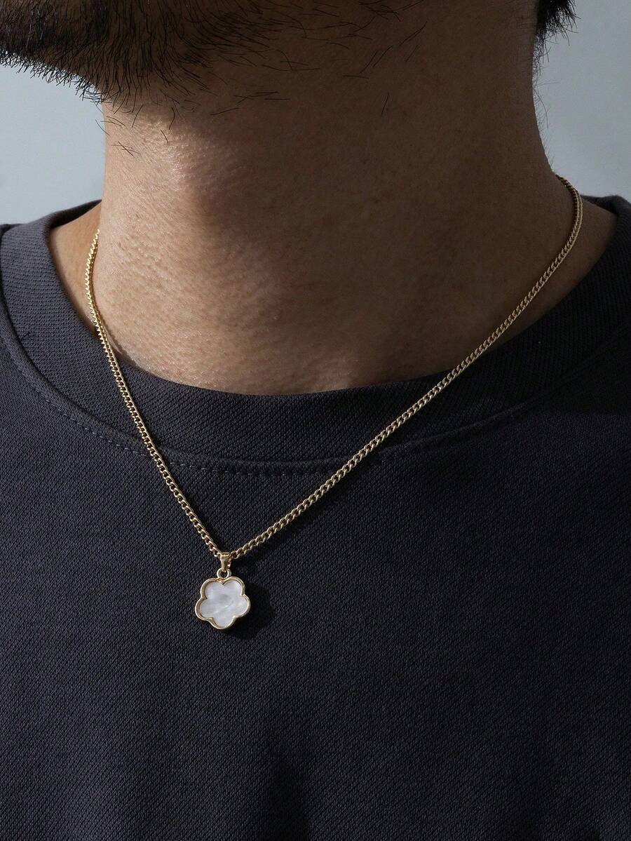 1件男士时尚白色幸运草吊坠项链，送给男朋友的礼物 - 白色 - 查看 1