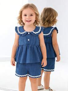 2pcs Baby Girl Summer Outfit, Blue Ruffle Collar Blouse And Matching Shorts Set, Cute - Blue - View 2