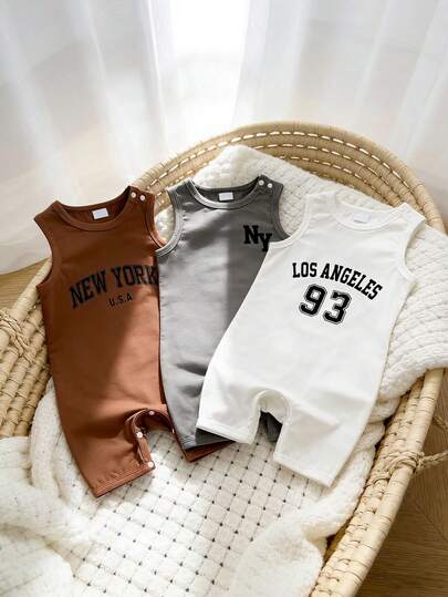 Set de 3 piezas de pelele informal de verano para bebé niño con estampado de letras en blanco, caqui y gris oscuro, adecuado para uso diario, al aire libre, ir y venir, vacaciones y fiestas