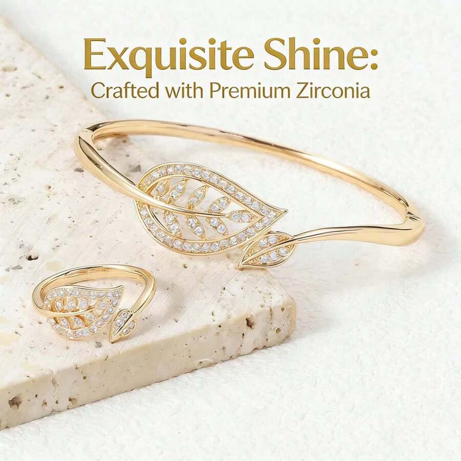 女士奢华树叶手链戒指套装，时尚饰品，适合作为礼物送给她 - 彩色 - 查看 1