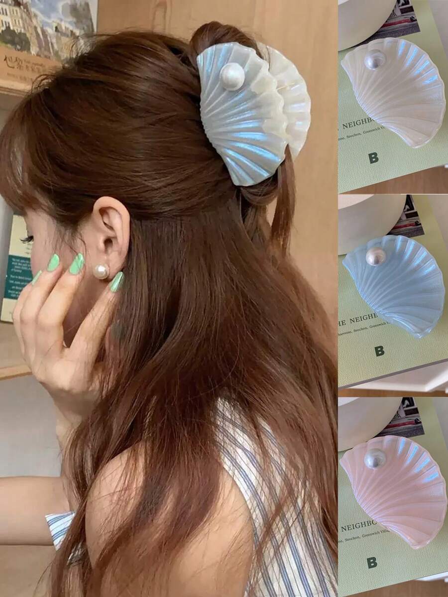 New Spring/Summer Pearlescent Shell Hair Claw Clip, Shark Shaped Hair Clamp For Updo Hairstyles - Multicolor - View 1