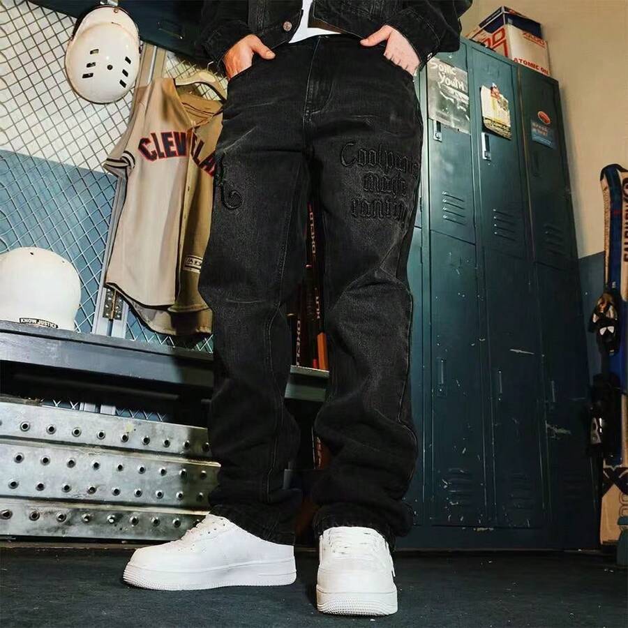 Quần jeans ống đứng dáng rộng thoải mái dành cho thanh thiếu niên, chất liệu denim đã qua xử lý, với họa tiết thêu nổi. - màu đen - Xem 1