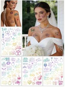 （4张一套）箔纸激光心形皇冠字母婚礼临时纹身贴纸，包含酒杯、玫瑰、心形、字母、戒指、烟花、心形气球等元素，适合新娘送礼会、单身派对，也可作为节日礼物，可自行DIY。 - 金色 - 查看 10