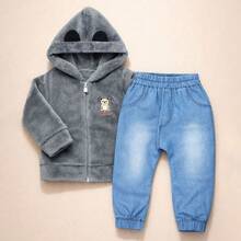 Baby Boy's Soft Fleece Jacket And Pants Set With Hood And Style - 灰色 - 查看 1