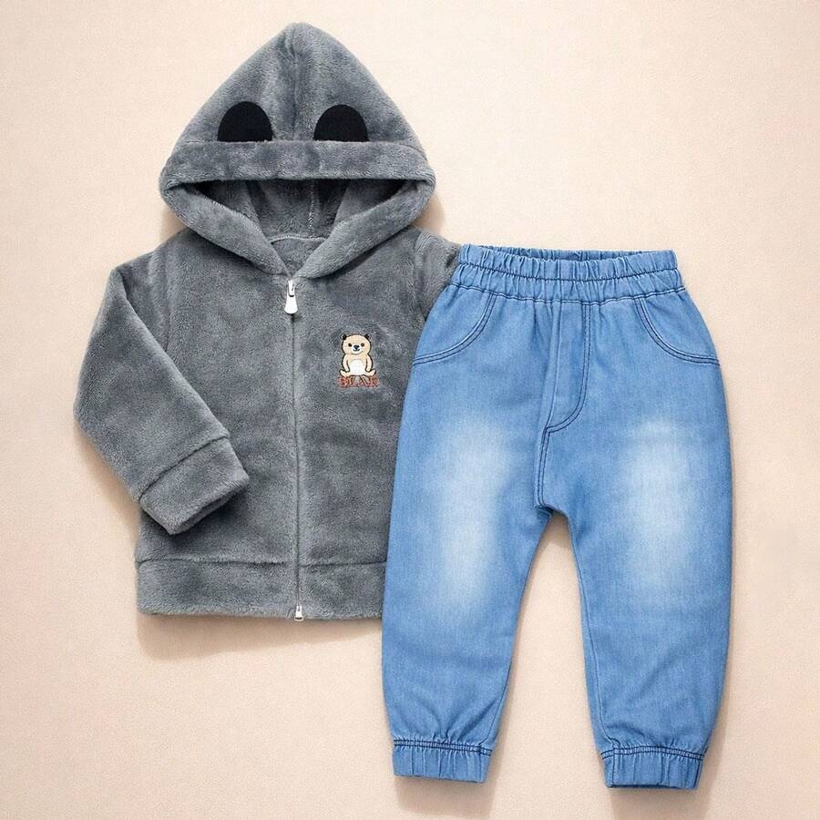 Baby Boy's Soft Fleece Jacket And Pants Set With Hood And Style - 灰色 - 查看 1