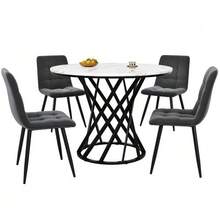 Dining Room Set (5 Pieces), Modern Dining Room Set (With 4 Chairs), Kitchen Table And Chair Set, 80cm Diameter Round Kitchen Table With Black Metal Legs, White MDF Top, Velvet Chairs - Grey - View 4