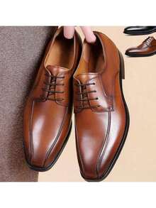 Distressed Square Toe Lace-Up Leather Shoes Men, Derby Dress Shoes For Plus Size Men, Business Polyester Lace-Up Office Shoes, All Season - Brown - View 8