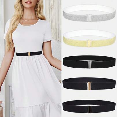 1Pc Women Minimalist Elastic Waist Belt, Golden Buckle Stretchy Black Belt, Versatile For Dresses, Shirts, And Coats, Elegant Waistband For Daily Wear