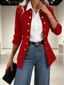 Lady's Elegant Double-Breasted Suit Jacket With Fashionable Long Sleeves, Featuring Flap Pockets Made Of Black Polyester Fabric - 紅色 - 查看 1